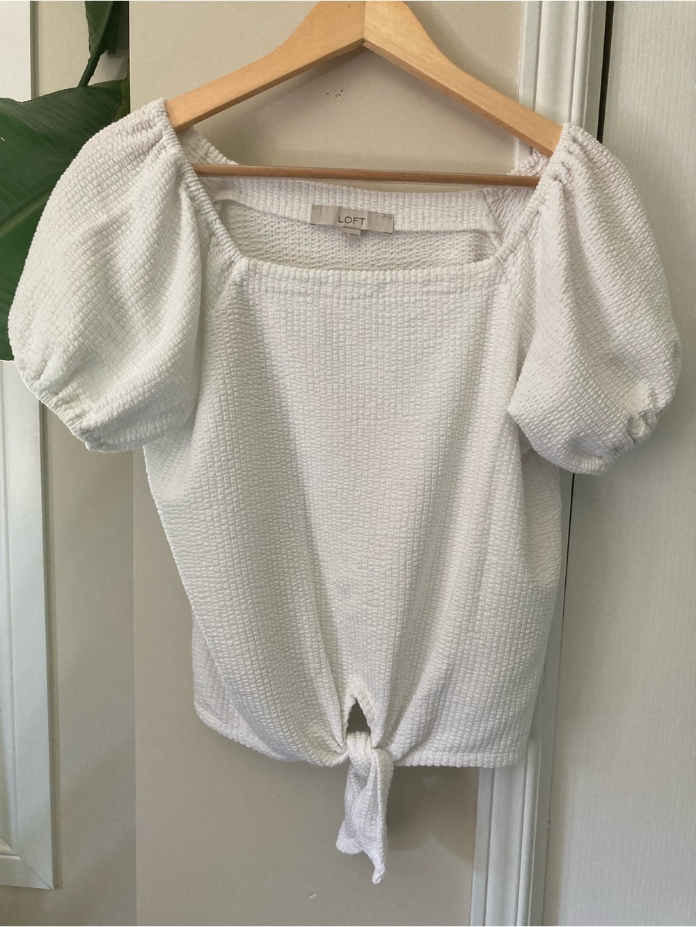 Ann Taylor LOFT White Puff-Sleeve Tie-Front Top
